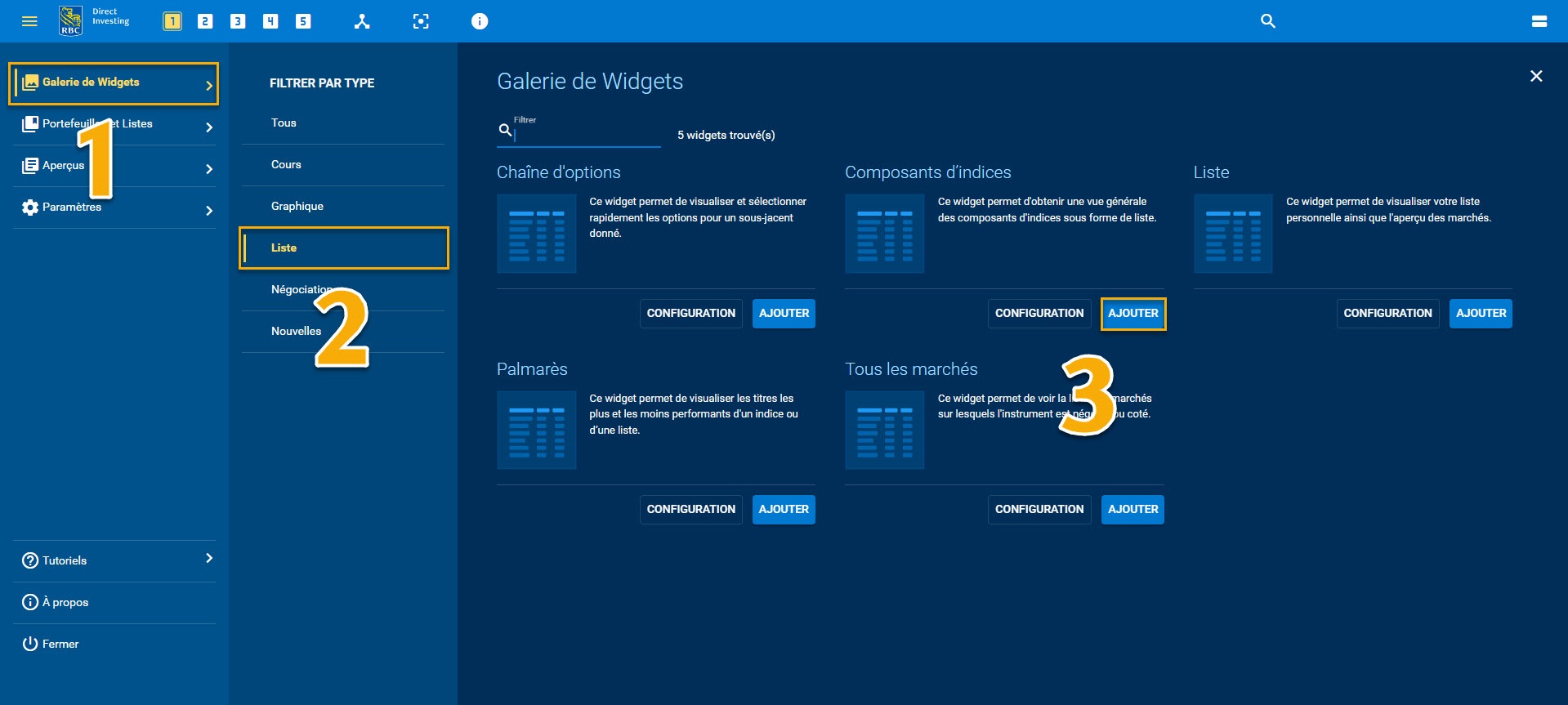 Comment sélectionner le widget composants d’indice